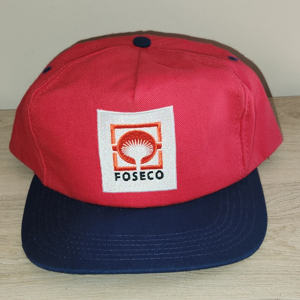 Foseco Brand Red Blue Back Leather Strap Adjustable Trucker‎ Hat Vtg Made in USA
